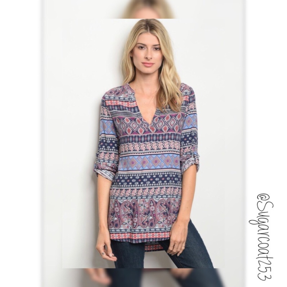 •Petal Roz• Navy & Pink Pattern Blouse